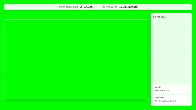 Green screen streaming layout template featuring a large video capture area with sidebar chat overlay and top notification information bars