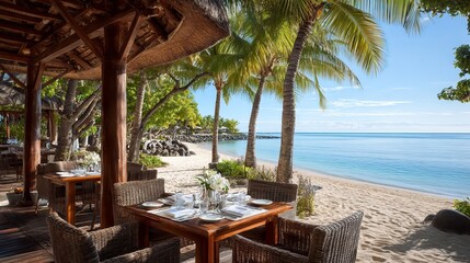 Fototapeta premium A beachside restaurant with palm trees and tables set for dining by the ocean