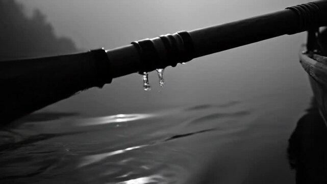 Black and white close up of a wooden oar dipping into calm water with drops, a boat, and foggy background