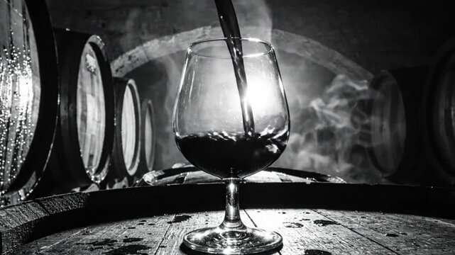 Black and white slow motion pouring of red wine into a stemware glass in a wine cellar environment