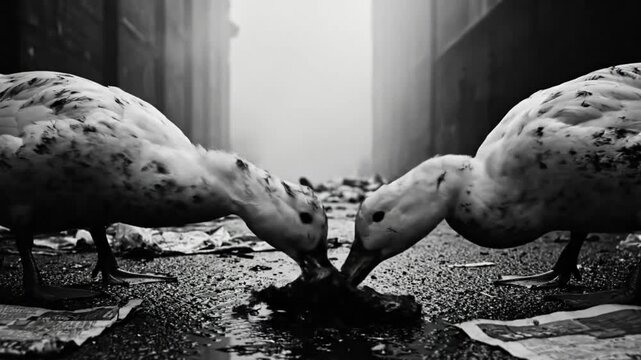 Black and white photo of two ducks scavenging for food in a polluted alleyway, cinematic realism