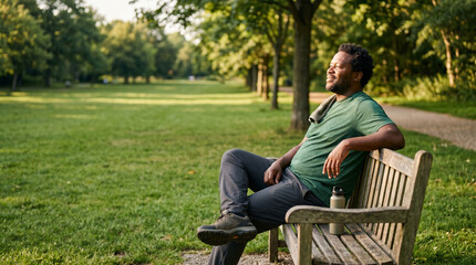 Fototapeta premium Young man sitting alone on a park bench using his phone on a summer day