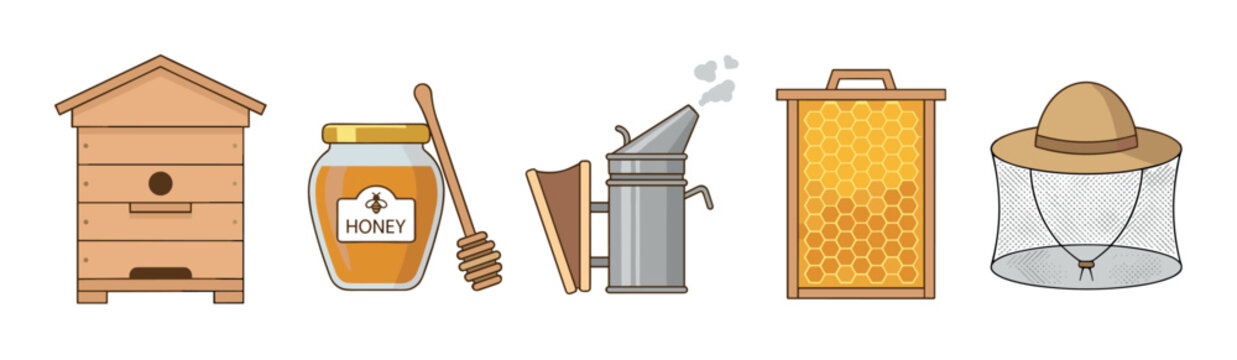 Beekeeping tools and equipment including beehive, honey jar, smoker, honeycomb frame, and protective hat with veil for apiary work.
