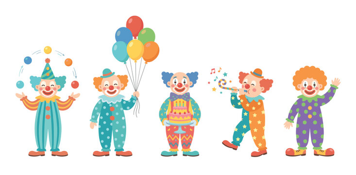 Five happy cartoon clowns performing various circus activities, including juggling, holding balloons, carrying a cake, blowing a party horn, and waving cheerfully.