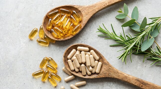 Two wooden spoons filled with capsules and loose pills on a textured surface image