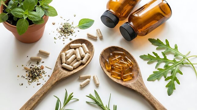 Two wooden spoons filled with capsules and supplements beside amber bottles pill