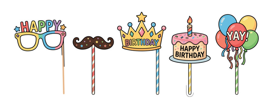 Birthday party photo booth props collection features festive elements including colorful glasses, a mustache, a crown, a cake, and balloons, perfect for celebrations.