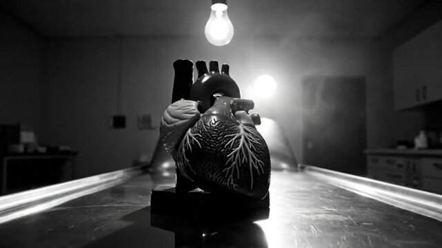 Dramatic shot of a realistic human heart model on a metal autopsy table in a dimly lit medical laboratory
