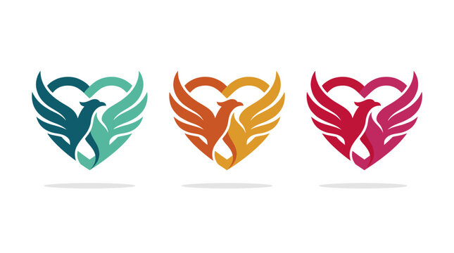 An artistic logo featuring a stylized phoenix in vibrant colors within a heart shape, symbolizing rebirth, love, and resilience, perfect for various brands with empowering messages.