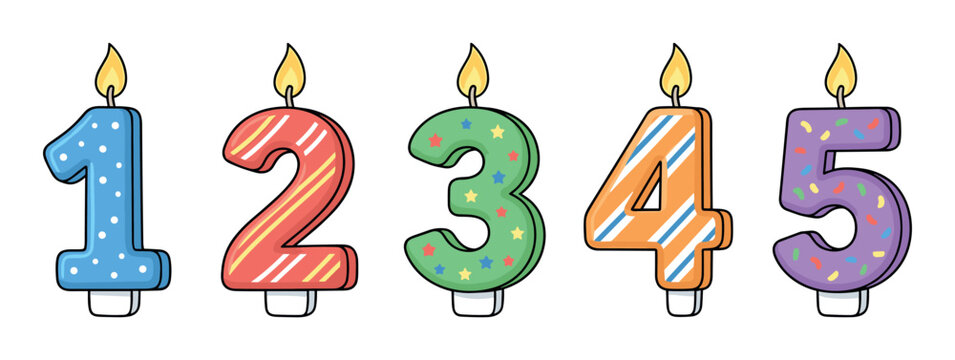 Colorful birthday candles numbers one two three four five with lit flames, featuring various patterns and vibrant hues, perfect for celebrating milestones.