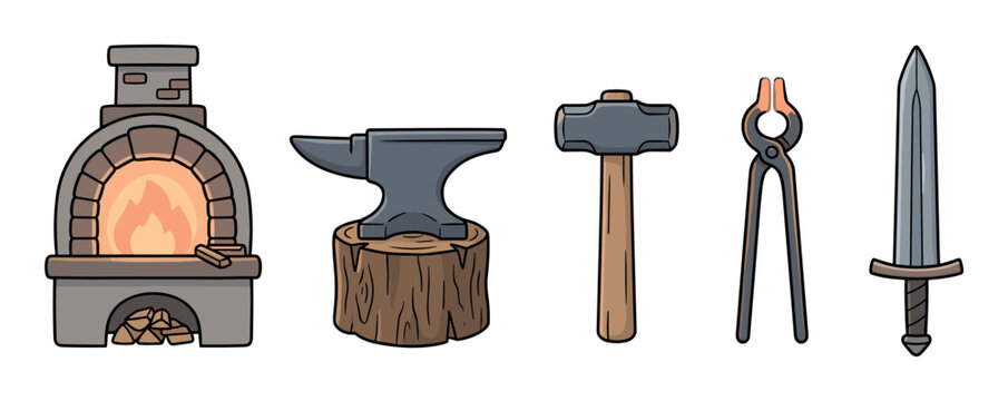 Blacksmith tools and equipment including a forge, anvil, hammer, tongs, and a newly forged sword, presented in a charming cartoon style.