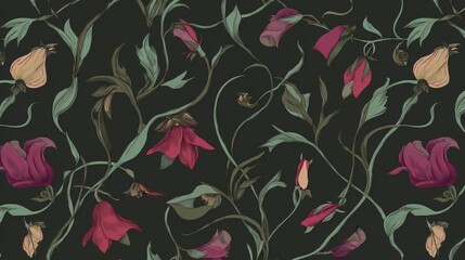 Fototapeta premium Dark vintage floral wallpaper pattern with ornate botanical vines and antique decorative style