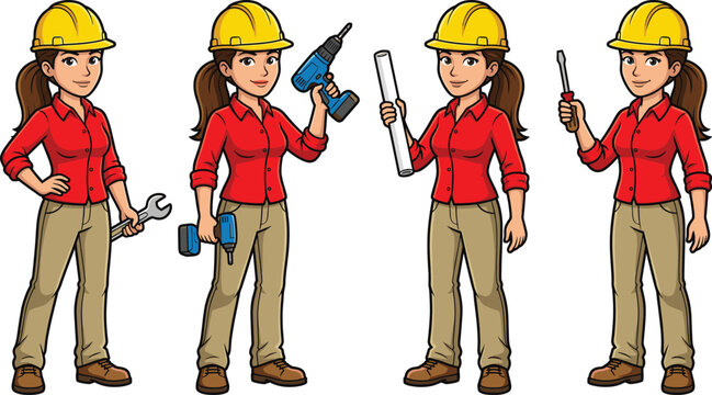 Female construction worker character set with safety helmet, tools and professional builder poses isolated vector illustration collection