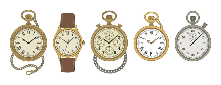 Five vintage watches, pocket watches, and stopwatches display different styles of classic timekeeping devices, showcasing historical elegance and precision.