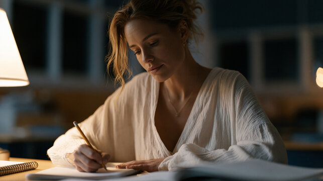 Teacher writes individualized learning plan notes by lamplight after school in empty classroom, pandemic recovery differentiated instruction, educator after-hours dedication, learning gap response p