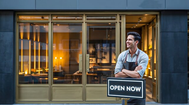 Smiling cafe shop owner leaning outside modern storefront with open now sign display