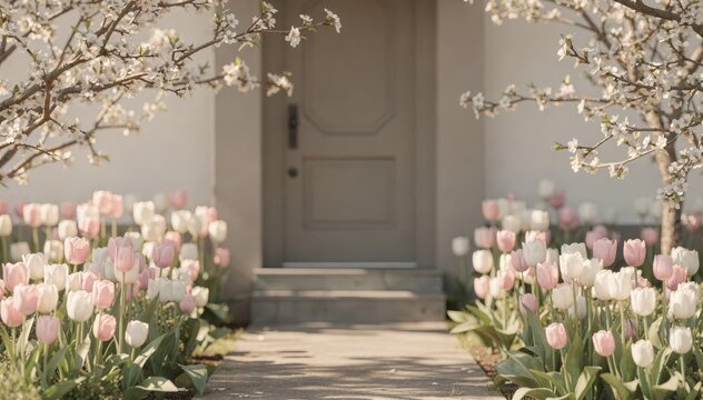 Entrance framed by fresh tulips and flowering branches in soft spring sunlight blossoms crisply captured with muted structural elements gently blurred.