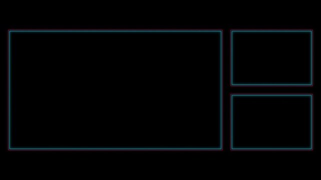 Minimalist digital interface frame with glowing neon rectangular outlines on a black background for tech inspired video overlay and design