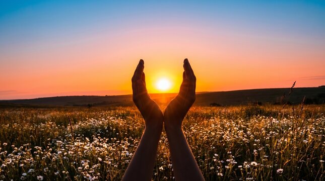 June summer solstice sun concept with silhouette of happy young woman's hands relaxing, meditating and holding sunset against warm golden hour sky on the beach with natural ocean or sea
