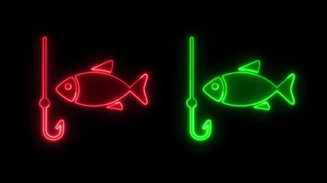 Fishing Tackle Neon Animation, Glowing Hook and Fish Icon on Dark Background