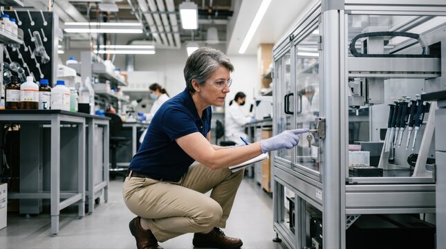 Medium shot of a lab safety officer examining machine guarding features and interlock systems on laboratory automation devices.