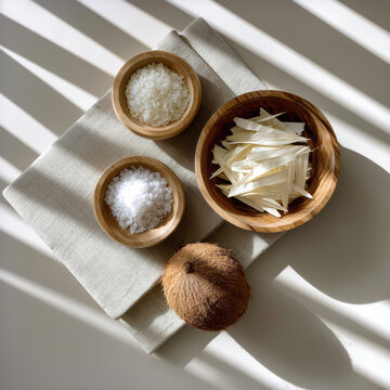 Natural coconut, palm heart, sea salt, and shredded coconut in wooden bowls on linen cloth, minimal coastal flat lay with sunlight shadow