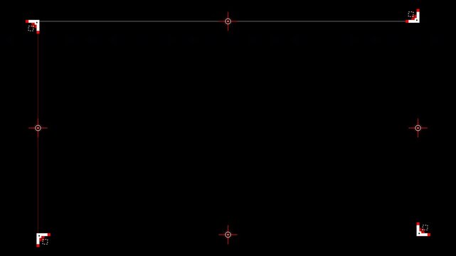 Minimalist digital heads up display frame featuring sharp red corner markers and precise alignment crosshairs on black background for interface