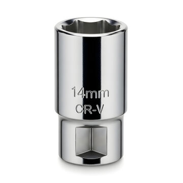 Chrome 14mm socket wrench head on white background