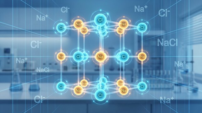 A molecular structure diagram of sodium chloride is displayed prominently in a laboratory setting with various equipment and a scientist's workspace.