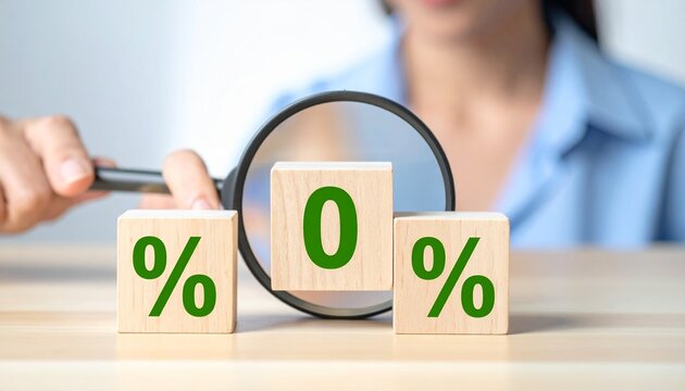 Magnifying glass highlighting zero percent on wooden financial blocks