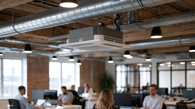 Ceiling-mounted air purifier in open-plan office converted from historic warehouse, industrial ductwork above, workers at desks below, commercial HEPA filtration installation, post-renovation air qu