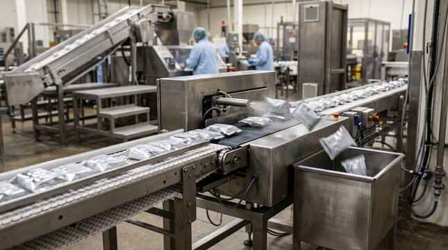 Medium shot of a highspeed checkweigher rejecting underweight snack packs on a busy conveyor highlighting precise quality control in a food production line.