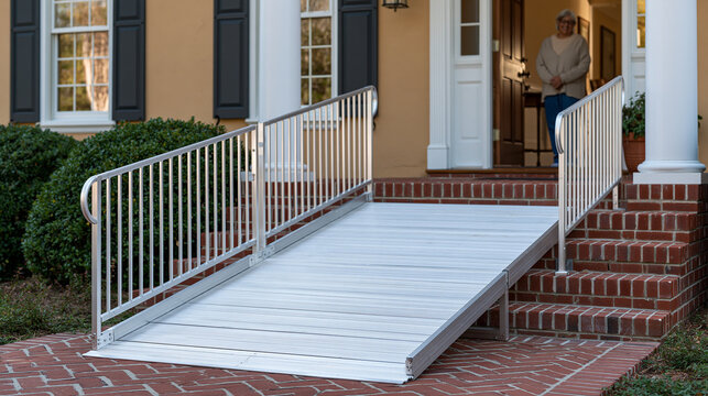 Aluminum modular wheelchair ramp spanning brick front steps of suburban colonial home, accessible modification installation complete, mobility independence solution, aging in place renovation, physi