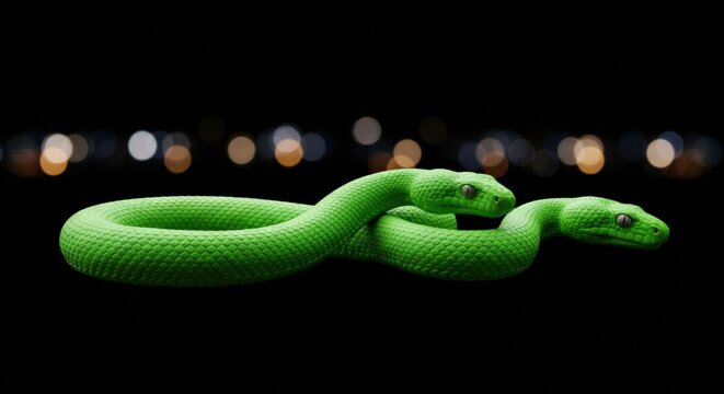 Green snake on black background.
