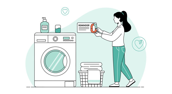 Woman setting reminder for laundry on smart device next to washing machine