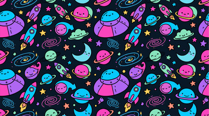 Naklejka premium Cute Space Doodle Pattern