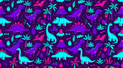 Fototapeta premium Neon Dinosaur Jungle Pattern