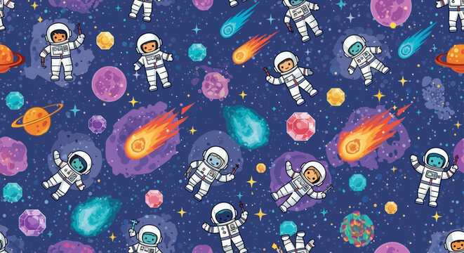 cute cartoon astronauts and planets floating in colorful outer space seamless pattern