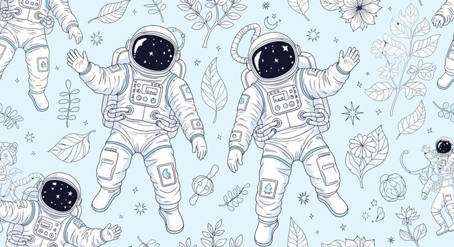 cute cartoon astronauts floating in space among stars and plants seamless pattern background
