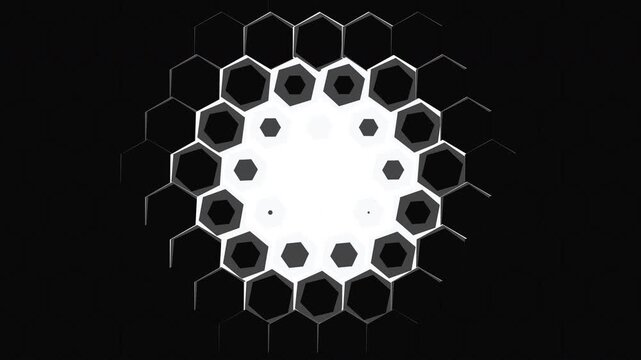 Modern geometric black and white hexagon pattern expanding and contracting in a dynamic loop, perfect for tech intros, corporate presentations and futuristic backgrounds.