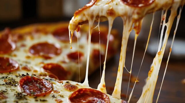 Pepperoni pizza with melted cheese being pulled apart in a warm kitchen during dinner time