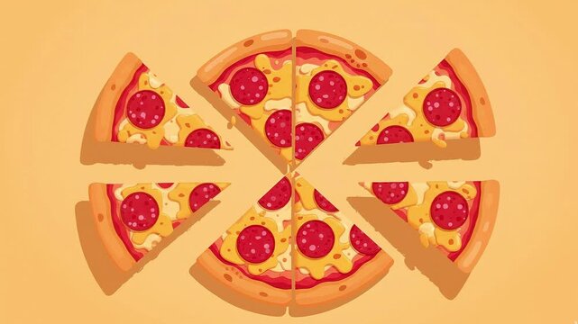 Cartoon pepperoni pizza slices moving animation.