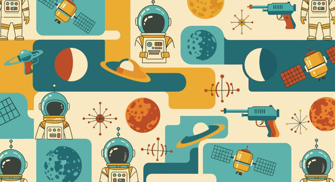 vintage space cartoon pattern with astronauts and planets retro sci-fi graphic