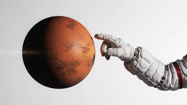 Astronaut touches mars planet illustration against white background