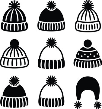 Vector Illustration Featuring 3x3 Grid of Black Silhouette Winter Hat Icons with Stripes Pom-Poms and Ear Flap Designs