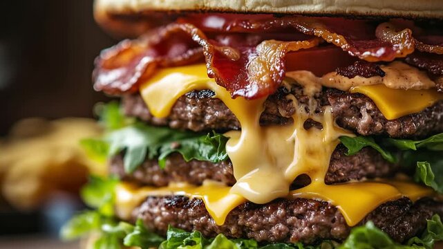 Delicious burger with cheese, bacon, and fresh vegetables stacked high in a restaurant setting during lunchtime