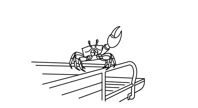 Cartoon Crab on a Boats Railing, Simple Black and White.