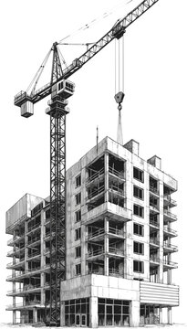 Create a realistic Building crane and building under construction vector art with white background..