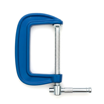 Blue c-clamp tool on white background