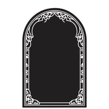 Black arched frame with white ornate filigree patterns. Decorative border vector ideal for invitations, memorials, or formal signage